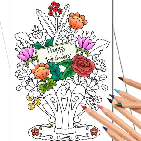 adult coloring, color happy birthday card, coloring cards