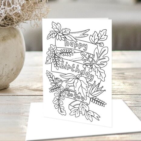 adult coloring, color happy birthday card, coloring cards